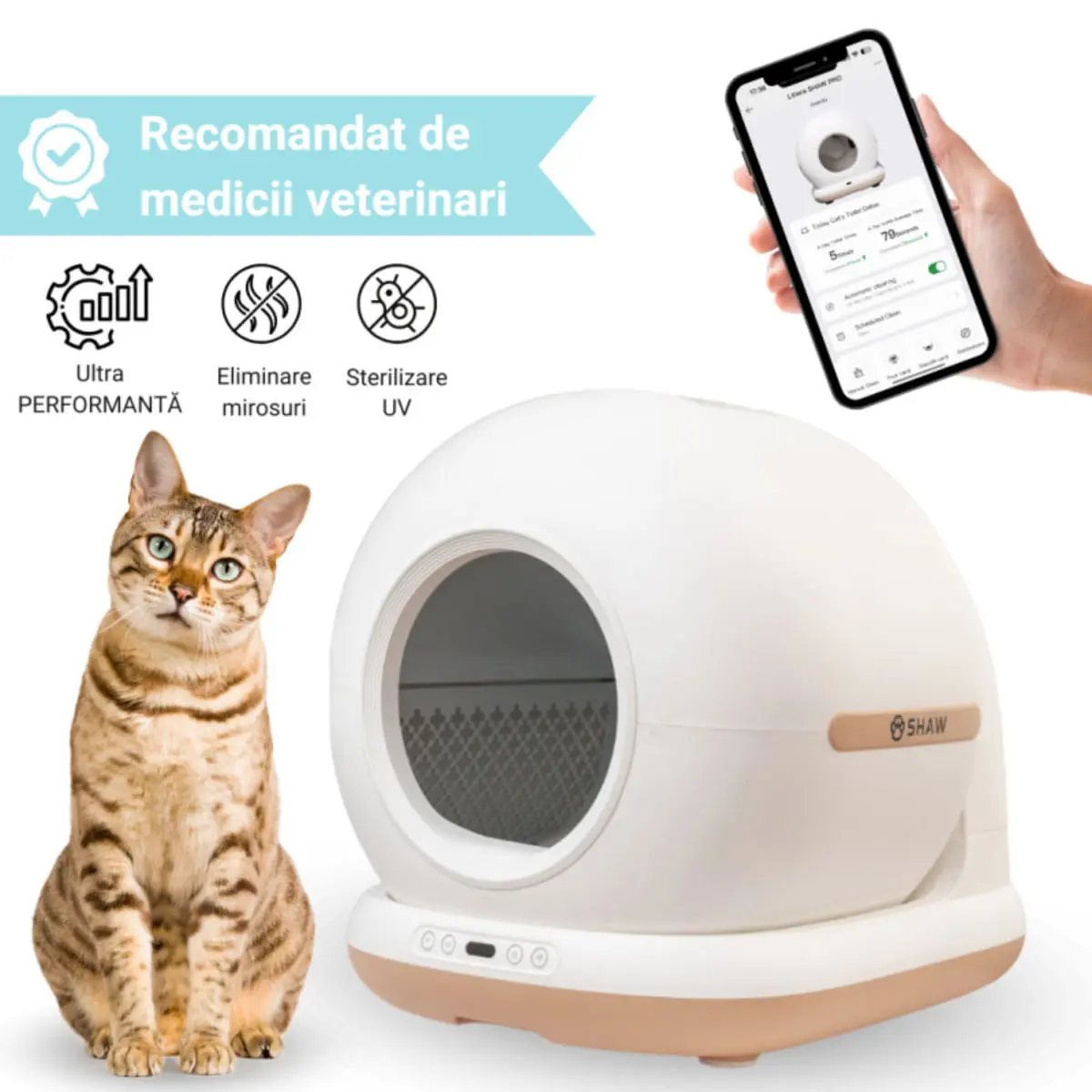SHAW Smart Pro, litiera automata pisici, cu filtru, auto-curatare, aplicatie mobila, sterilizare UV, alb, 58.2x50.2x53 cm - Image 3