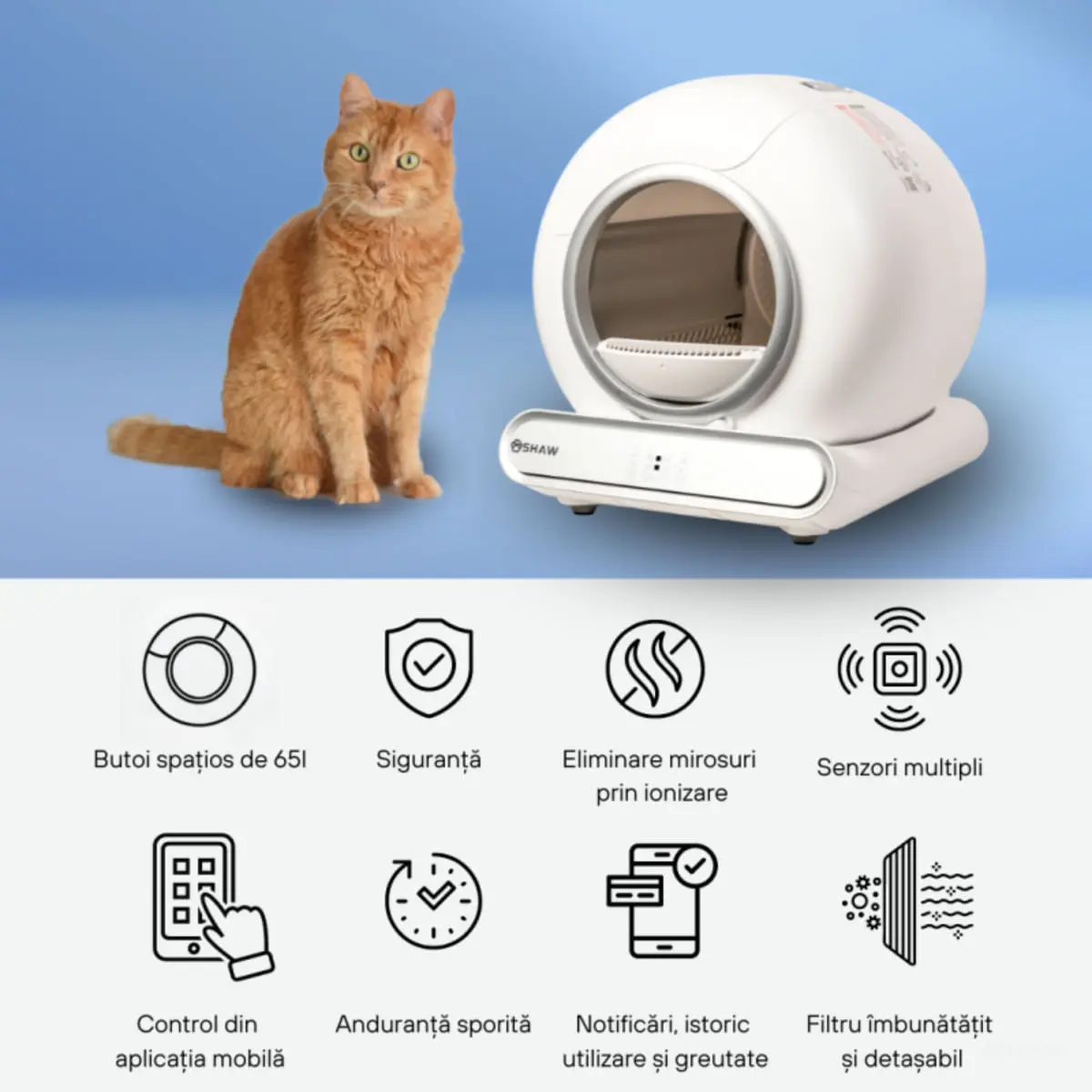 SHAW Smart V3, litiera automata pisici, cu filtru, auto-curatare, aplicatie mobila, ionizare, alb, 48x50.1 cm - Image 5