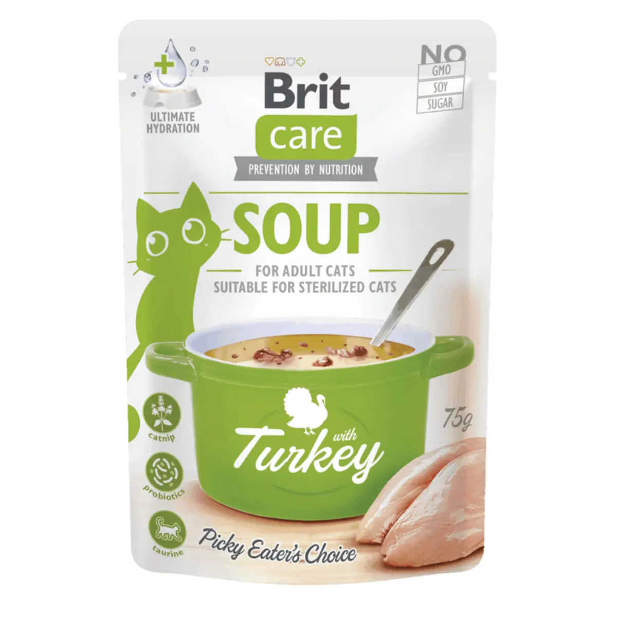 BRIT Care Soup, Curcan, plic hrana umeda fara cereale pisici, apetit capricios, (topping), 75g