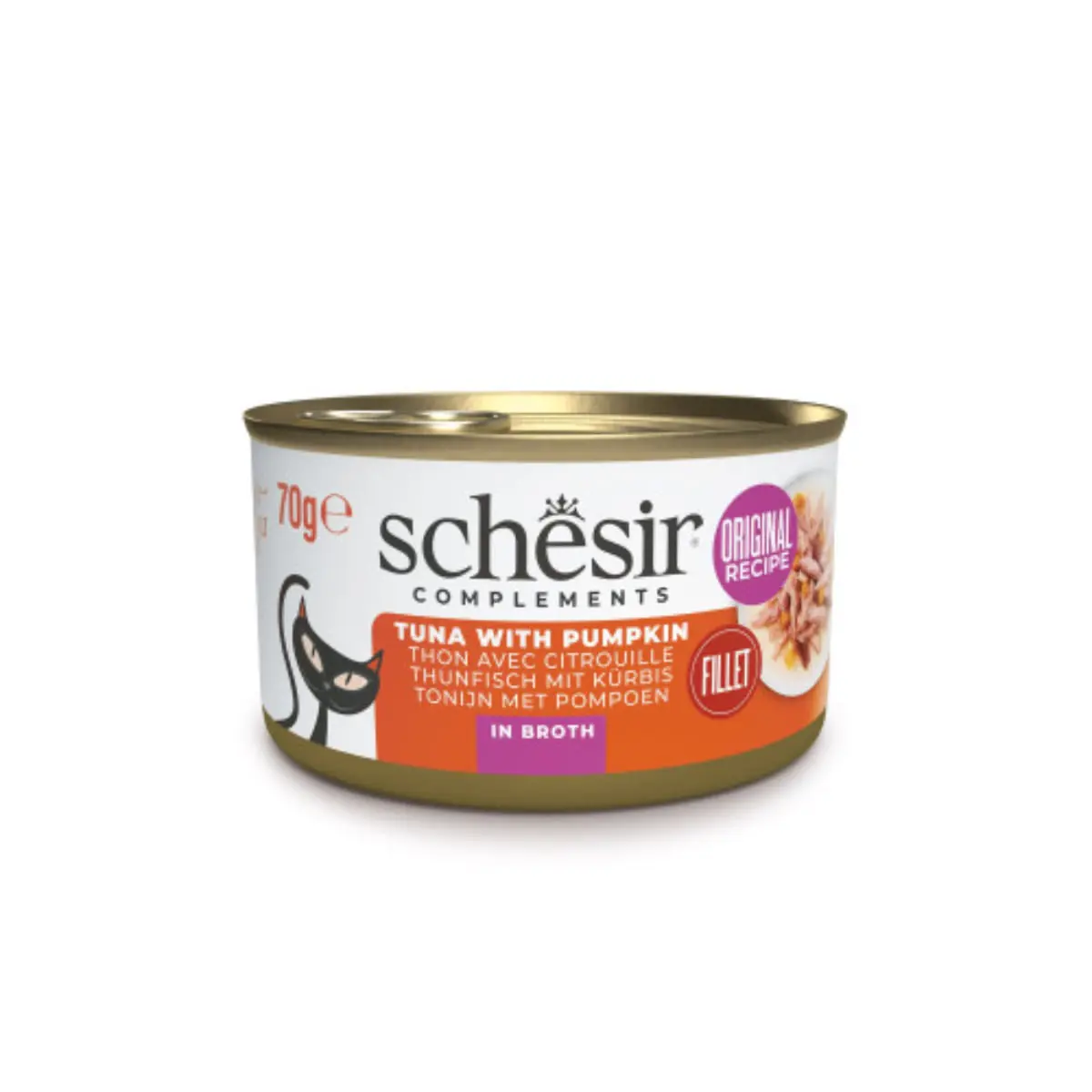 SCHESIR Complementary In Broth, Ton si dovleac, conserva hrana umeda pisici, (in supa), 70g