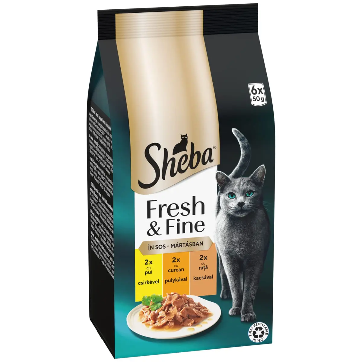 SHEBA Fresh & Fine Selectie Mixta cu Pui, Curcan si Rata, plic hrana umeda pisici, (in sos), multipack, 50g x 6buc
