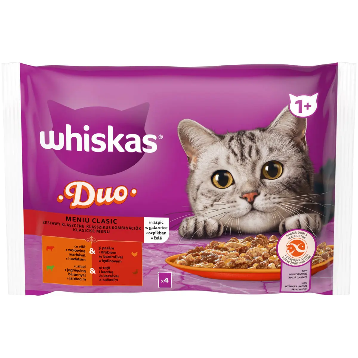 WHISKAS 1+ Duo Meaty Combos, Carne, plic hrana umeda pisici, (in aspic), multipack, 85g x 4buc