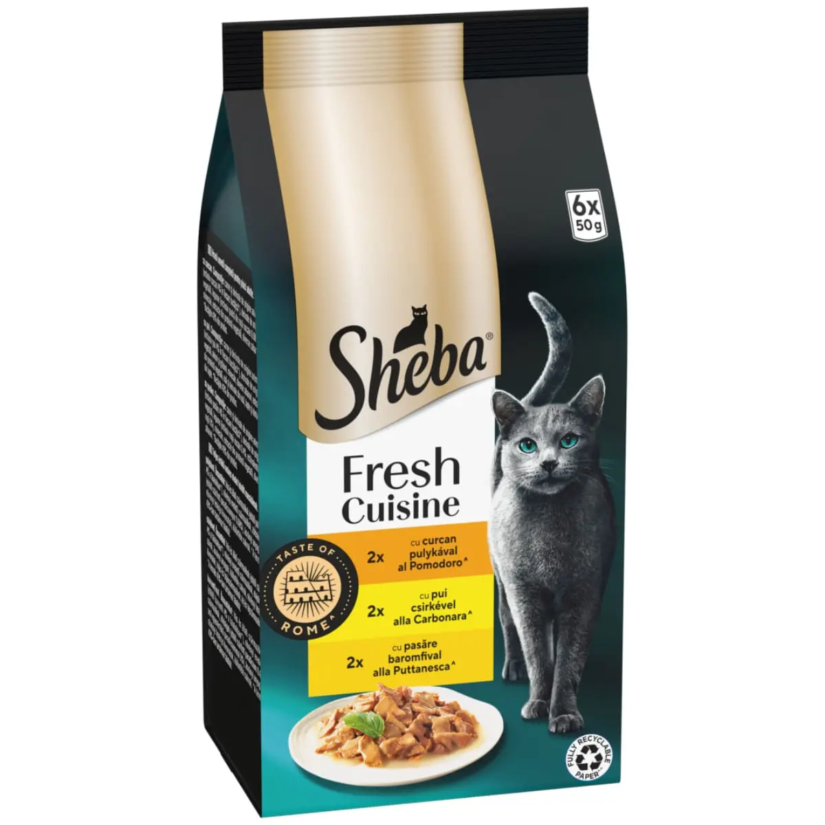 SHEBA Fresh Cuisine Taste of Paris Selectie Mixta cu Curcan, Pui si Pasare, plic hrana umeda pisici, (in sos), multipack, 50g x 6buc