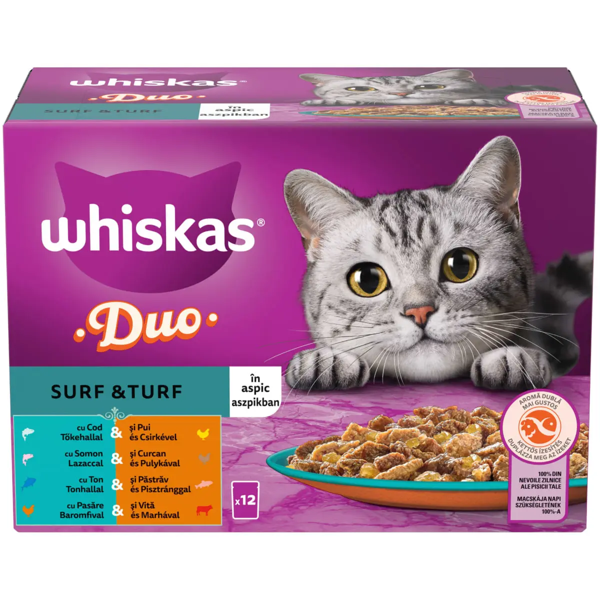 WHISKAS 1+ Duo Surf and Turf, Pasare si Peste, plic hrana umeda pisici, (in aspic), multipack, 85g x 12buc