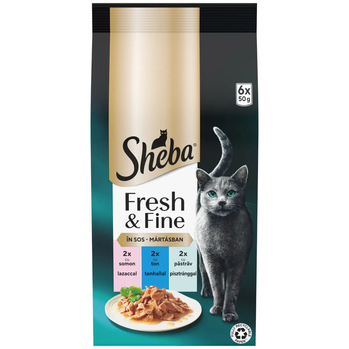 SHEBA SHEBA Fresh & Fine Selectie Mixt cu Somon, Ton si Pastrav, plic hrana umeda pisici, (in sos), multipack, 50g x 6buc