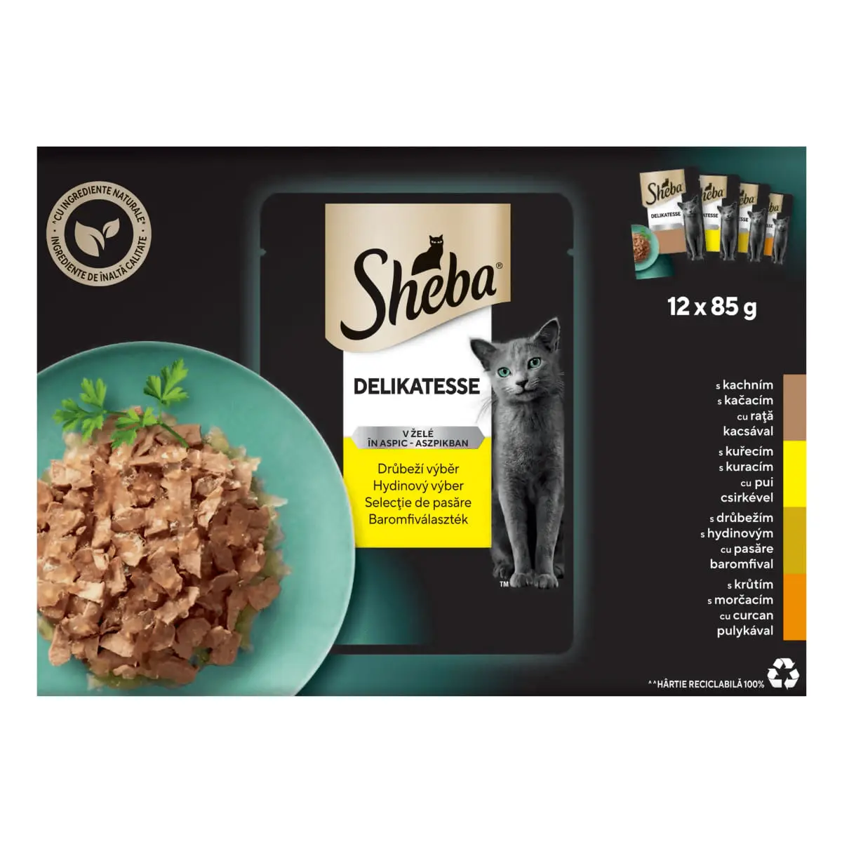 SHEBA Delikatesse Selectie Mixta, Rata, Pui, Pasare si Curcan, plic hrana umeda pisici, (in aspic), multipack, 85g x 12buc
