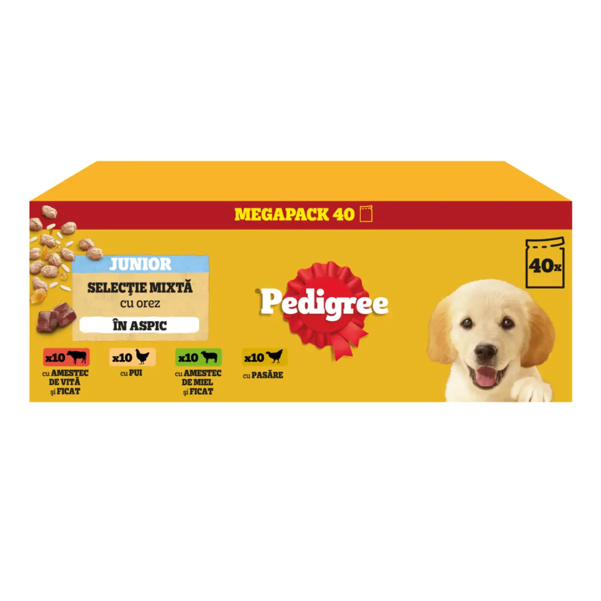 PEDIGREE Junior Selectie Mixta cu Orez, XS-XL, Pasare si Vita, plic hrana umeda caini junior, (in aspic), megapack, 100g x 40buc