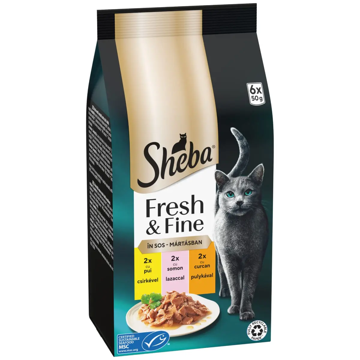 SHEBA Fresh & Fine Selectie mixt cu Pui, Somon si Curcan, plic hrana umeda pisici, (in sos), multipack, 50g x 6buc