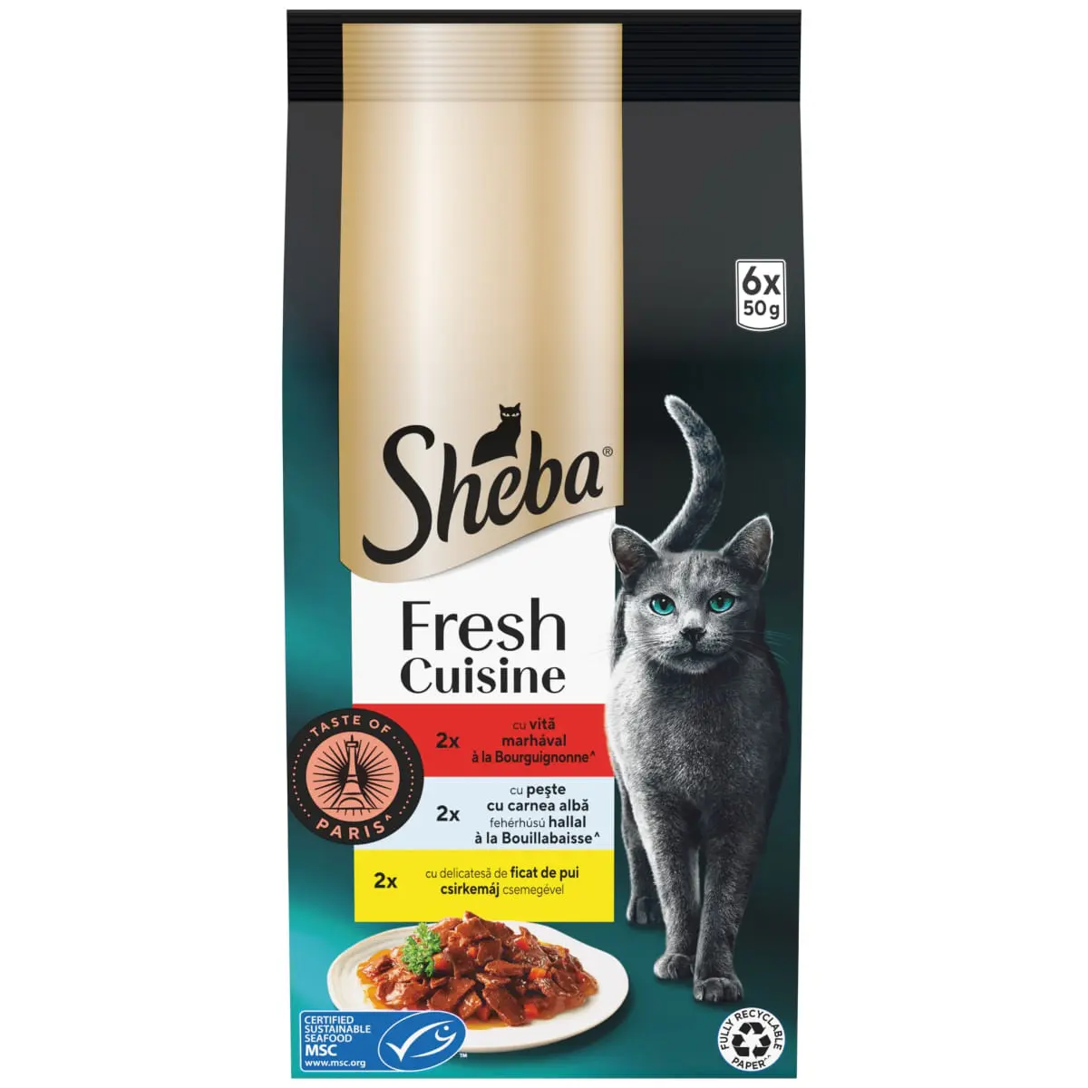 SHEBA Fresh Cuisine Taste of Paris Selectie Mixta cu Vita, Peste si Ficat, plic hrana umeda pisici, (in sos), multipack, 50g x 6buc - Image 3