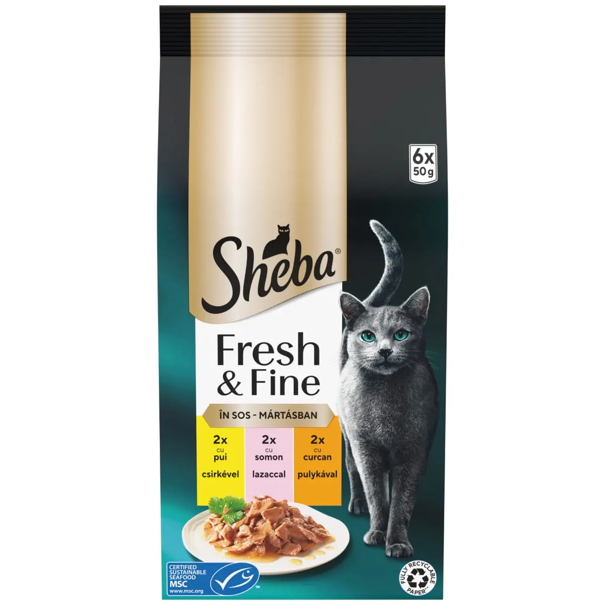 SHEBA Fresh & Fine Selectie mixt cu Pui, Somon si Curcan, plic hrana umeda pisici, (in sos), multipack, 50g x 6buc - Image 3