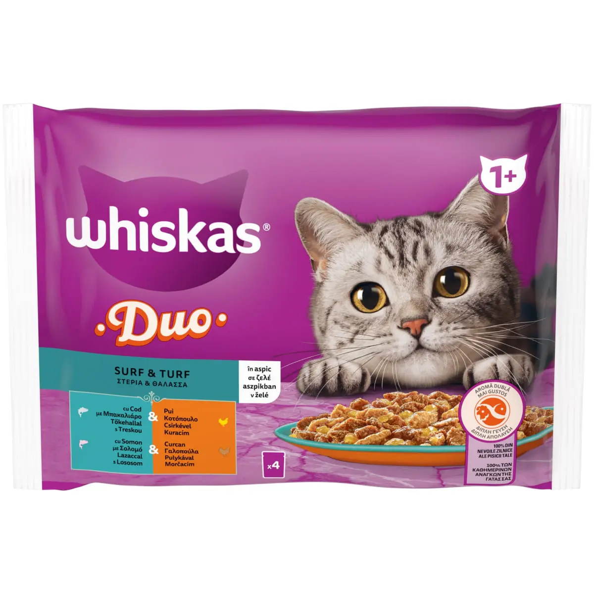 WHISKAS 1+ Duo Surf and Turf, Pasare si Peste, plic hrana umeda pisici, (in aspic), multipack, 85g x 4buc
