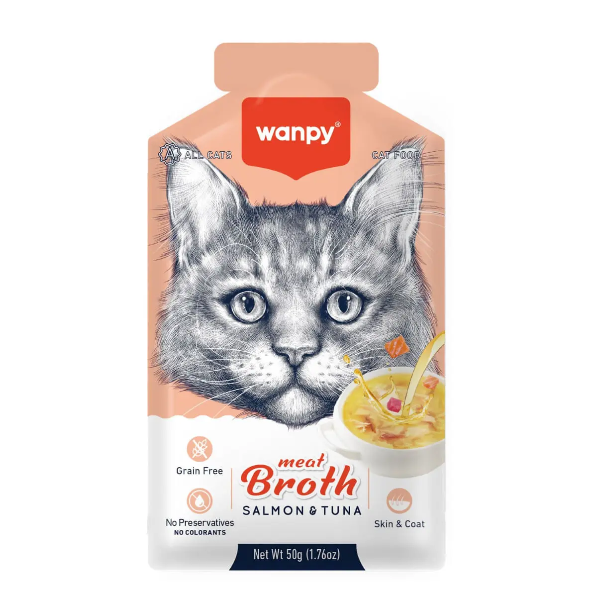 WANPY Meat Broth, Somon si Ton, plic hrana umeda pisici, (supa), 50g - Image 2