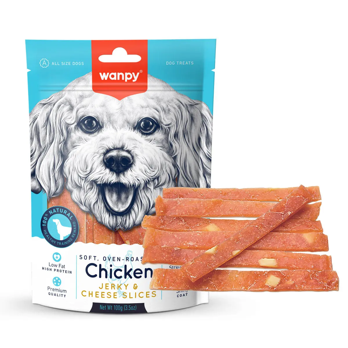 WANPY Jerky & Cheese Slices, XS-M, Pui si Branza, punguta recompense caini (carne uscata),  70g WANPY Jerky & Cheese Slices, XS-M, Pui si Branza, punguta recompense caini, (carne uscata), 70g - Image 2
