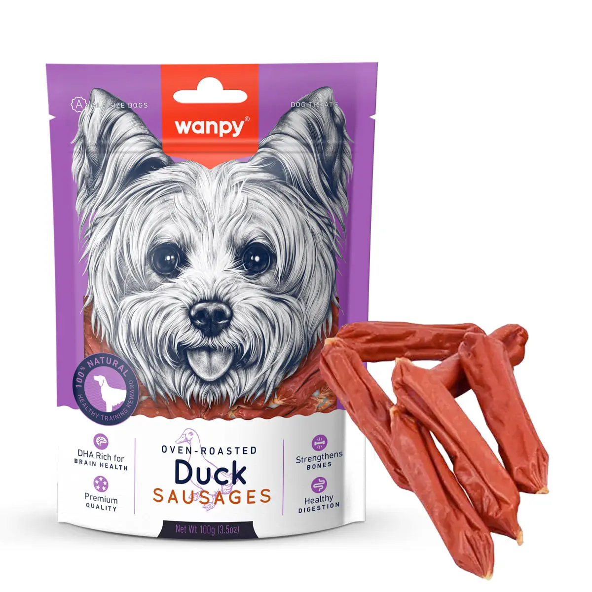 WANPY Sausages, XS-M, Rata, punguta recompense caini, 100g