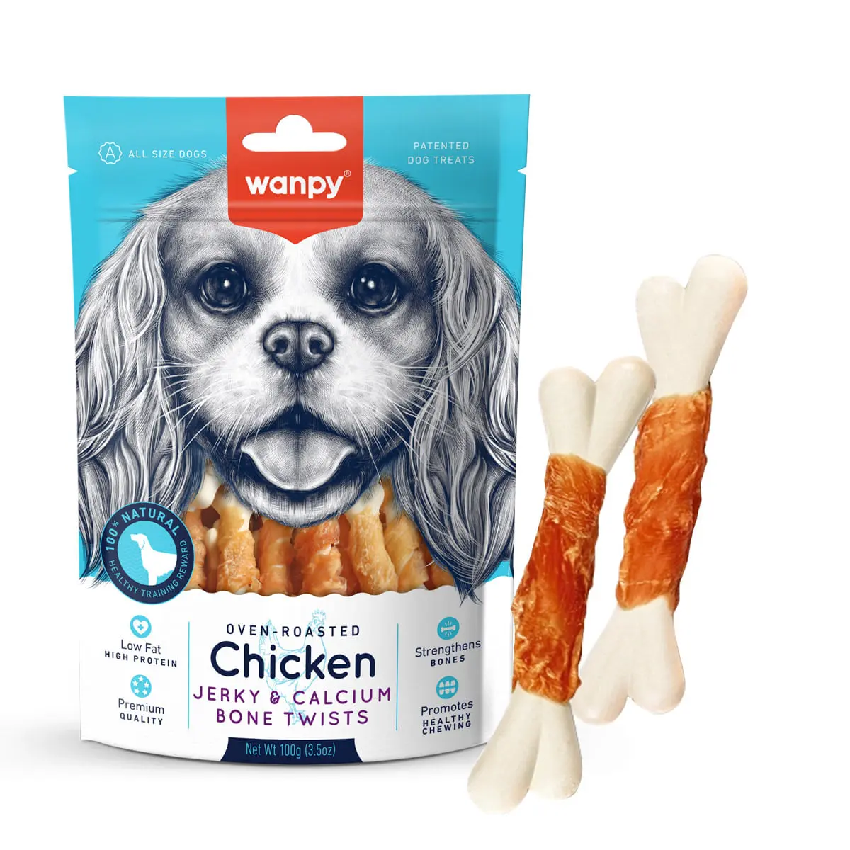 WANPY Jerky and Calcium Bone Twists, XS-M, Pui, punguta recompense caini, 100g - Image 2