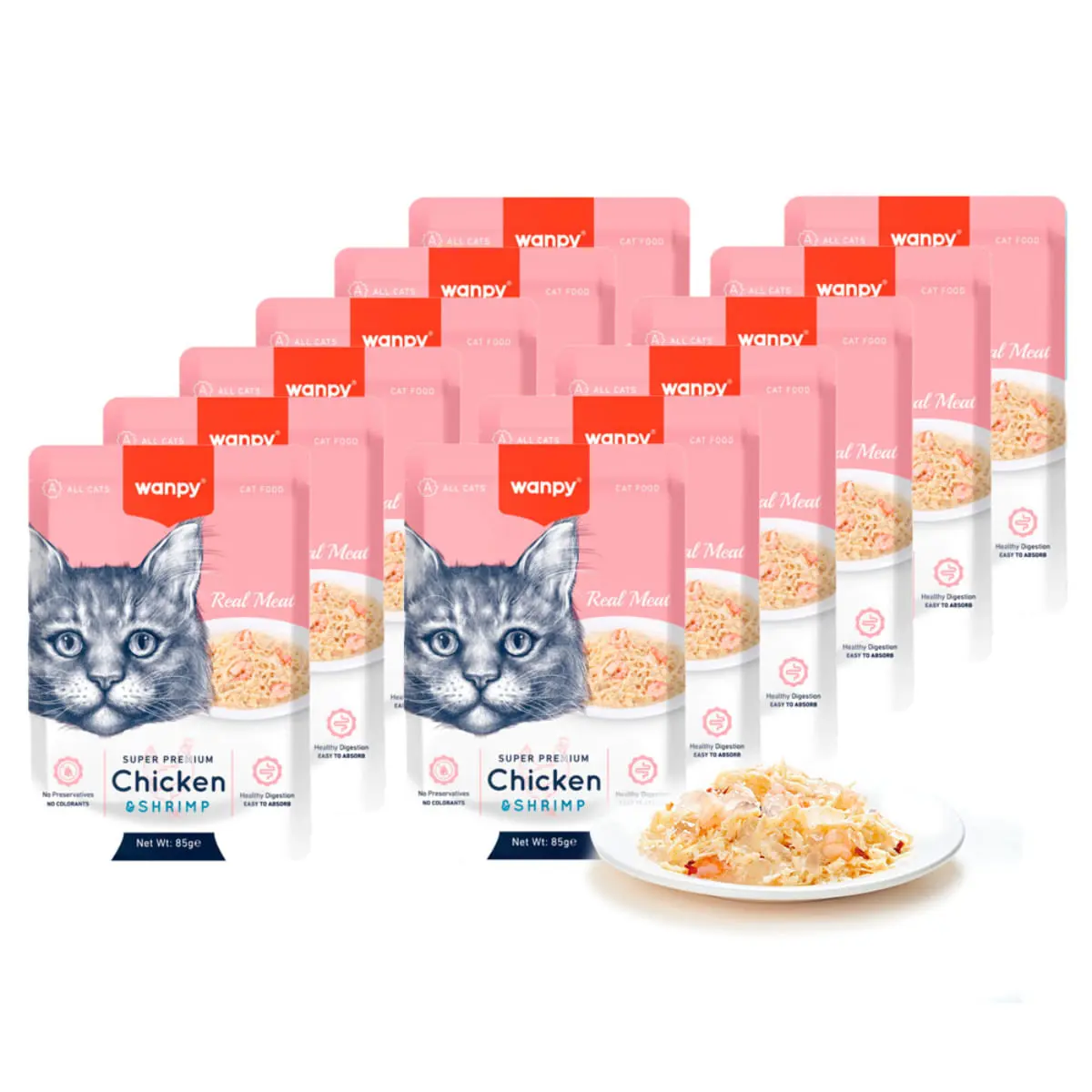 WANPY, Pui si Creveti, punguta hrana umeda pisici, (in aspic), 85g - Image 6