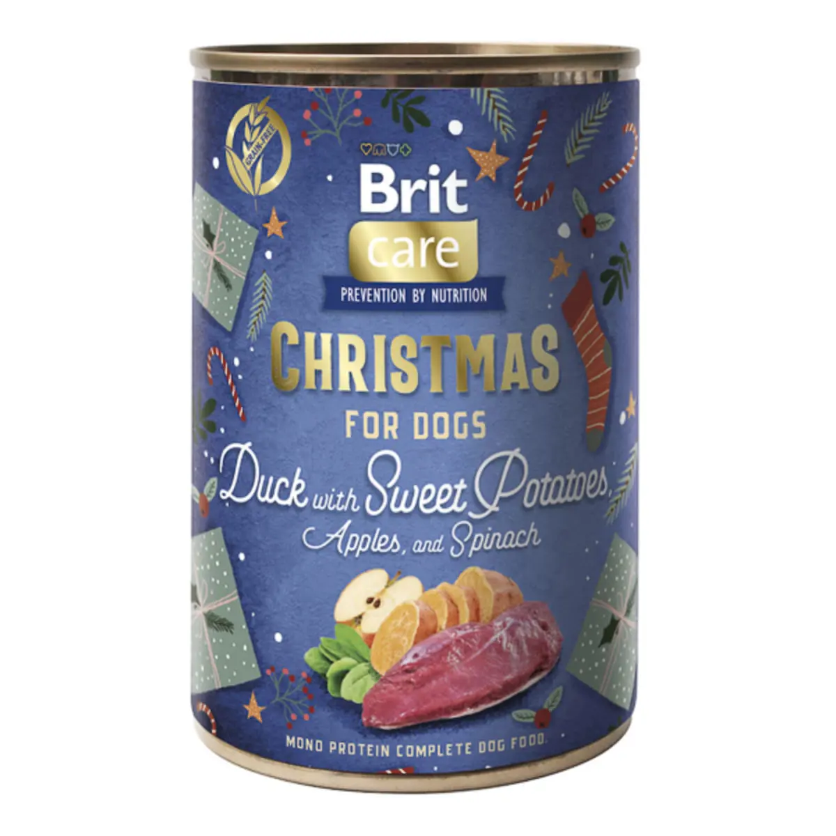 BRIT Christmas Monoprotein, XS-XL, Rata si Cartof Dulce, conserva hrana umeda monoproteica fara cereale caini, (pate), 400g