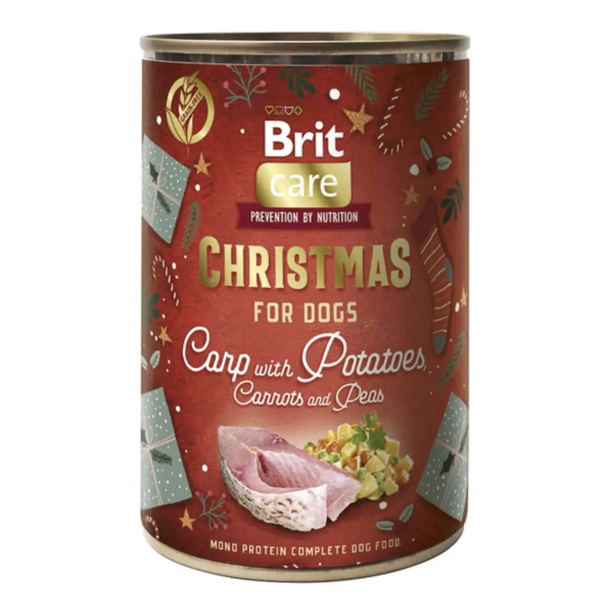 BRIT Christmas Monoprotein, XS-XL, Crap si Cartofi, conserva hrana umeda monoproteica fara cereale caini, (pate), 400g