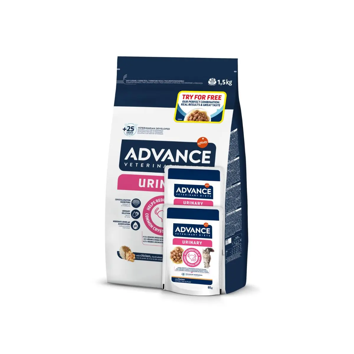 ADVANCE Veterinary Diets Cat Urinary, dieta veterinara, hrana uscata pisici, afectiuni urinare ADVANCE VD Urinary, dieta veterinara pisici, sistem urinar, 1.5kg + ADVANCE VD Urinary, dieta veterinara pisici, plic,  85g x 2buc GRATUIT - Image 2