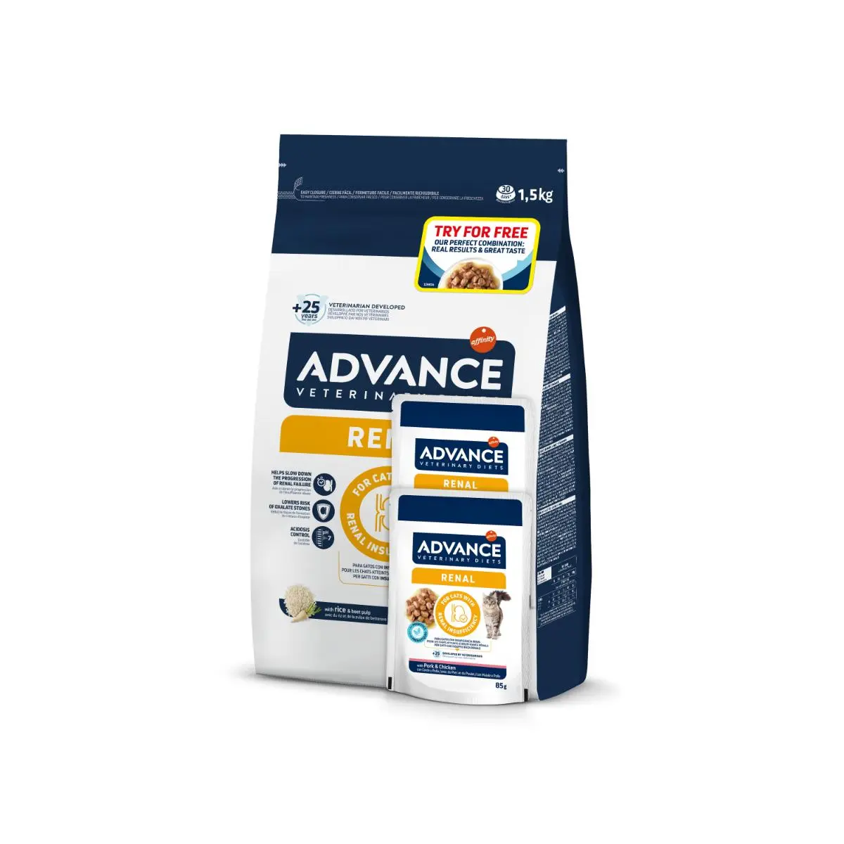 ADVANCE Veterinary Diets Cat Renal, dieta veterinara, hrana uscata pisici, afectiuni renale cronice ADVANCE VD Renal, dieta veterinara pisici, hrana uscata, sistem renal, 1.5kg + ADVANCE VD Renal, dieta veterinara, plic,  85g x 2buc GRATUIT - Image 2