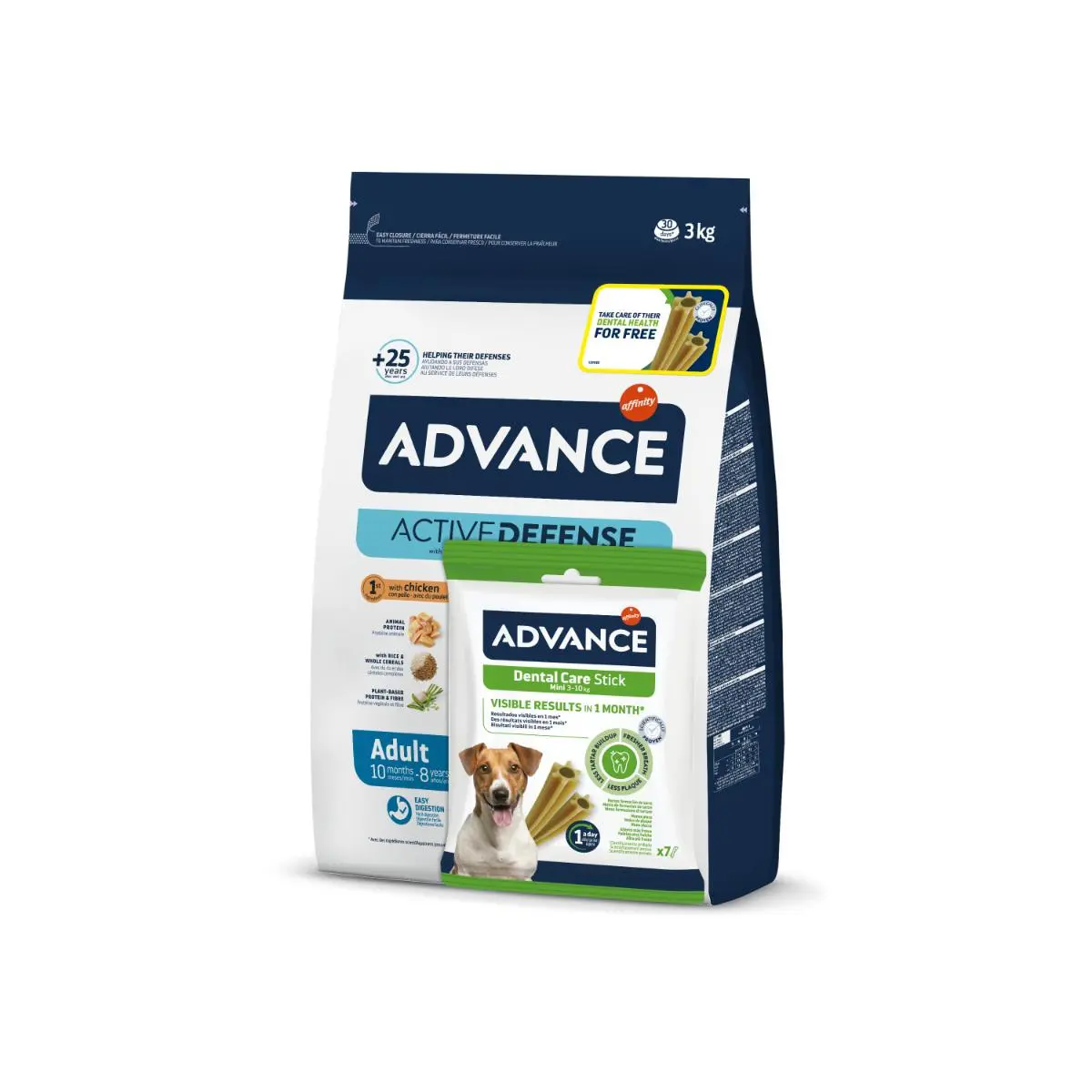 ADVANCE Mini Adult, XS-S, Pui, hrana uscata caini, 3kg + ADVANCE Dental Care Stick Mini, XS-S, punguta recompense caini, sensibilitati dentare, 90g GRATUIT - Image 2