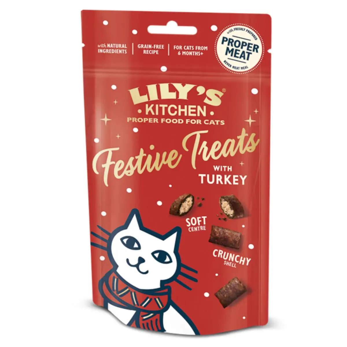 LILY'S KITCHEN Christmas Festive Pillow Treats, Curcan, punguta recompense fara cereale pisici, 60g