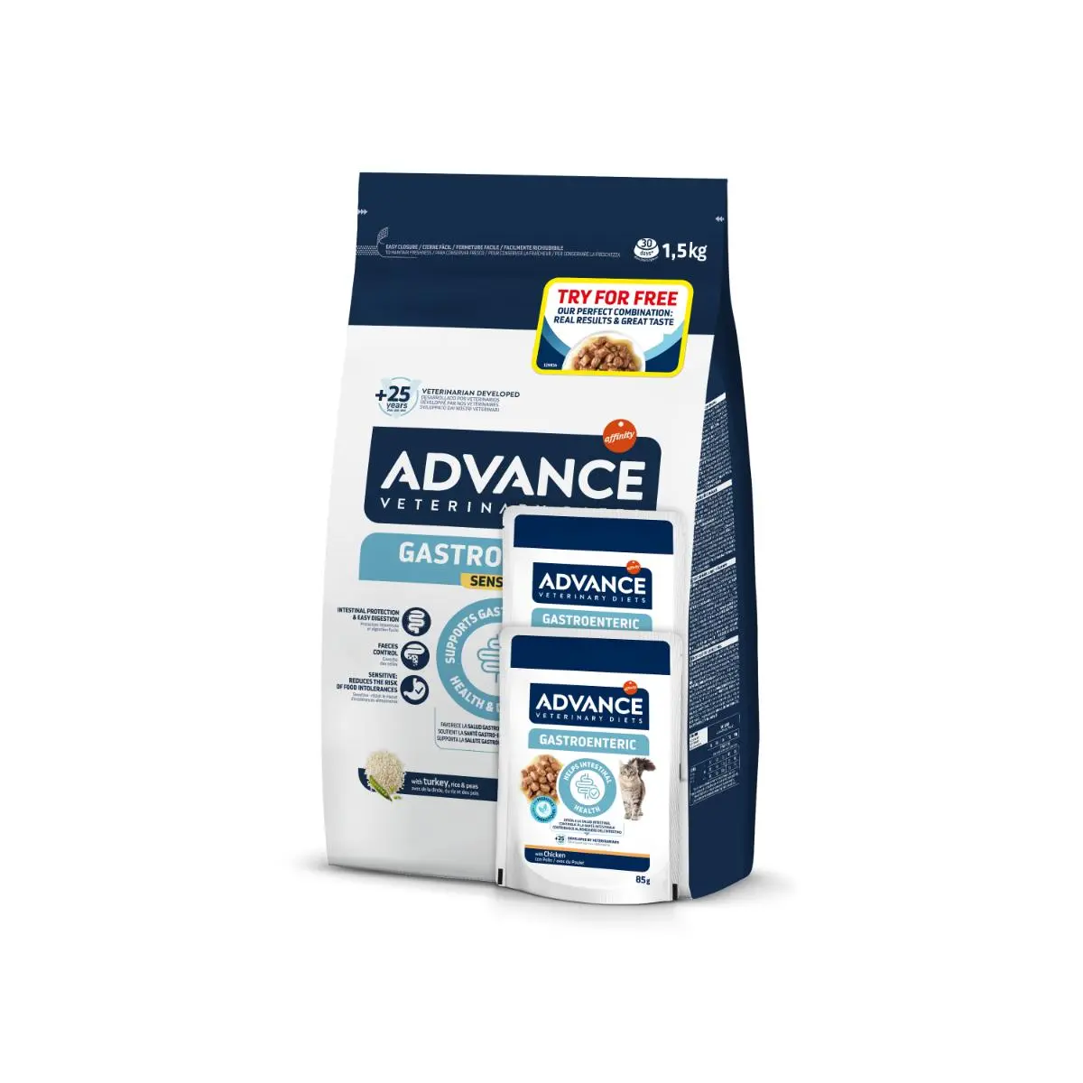 ADVANCE VETERINARY DIETS Gastroenteric Sensitive, Curcan, dieta veterinara, hrana uscata pisici, sistem digestiv ADVANCE VD Gastroenteric Sensitive, Curcan, dieta veterinara pisici, 1.5kg + ADVANCE VD Gastroenteric, Pui, dieta veterinara, plic 85g x 2buc - Image 2