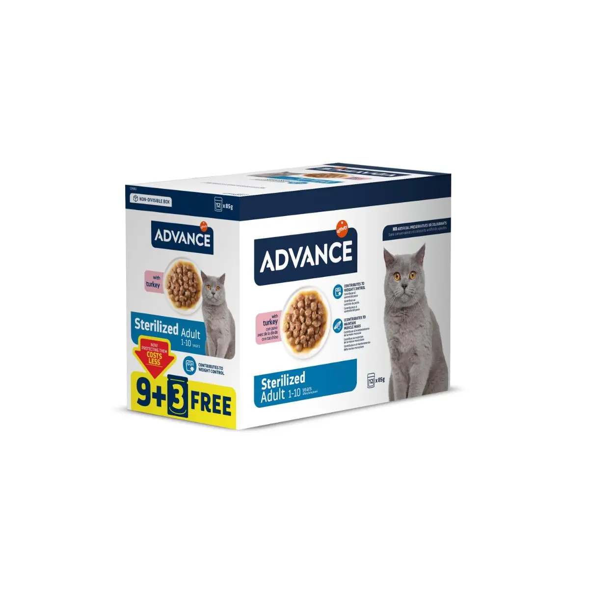ADVANCE Sterilised, Curcan, plic hrana umeda pisici sterilizate, (in sos), bax, 85g x 9 + 3buc GRATUIT