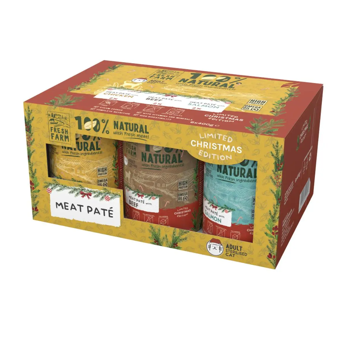 FRESH FARM Christmas Edition Mix Smooth Sterilised, conserva hrana umeda pisici sterilizate, (pate), multipack, 400g x 6buc