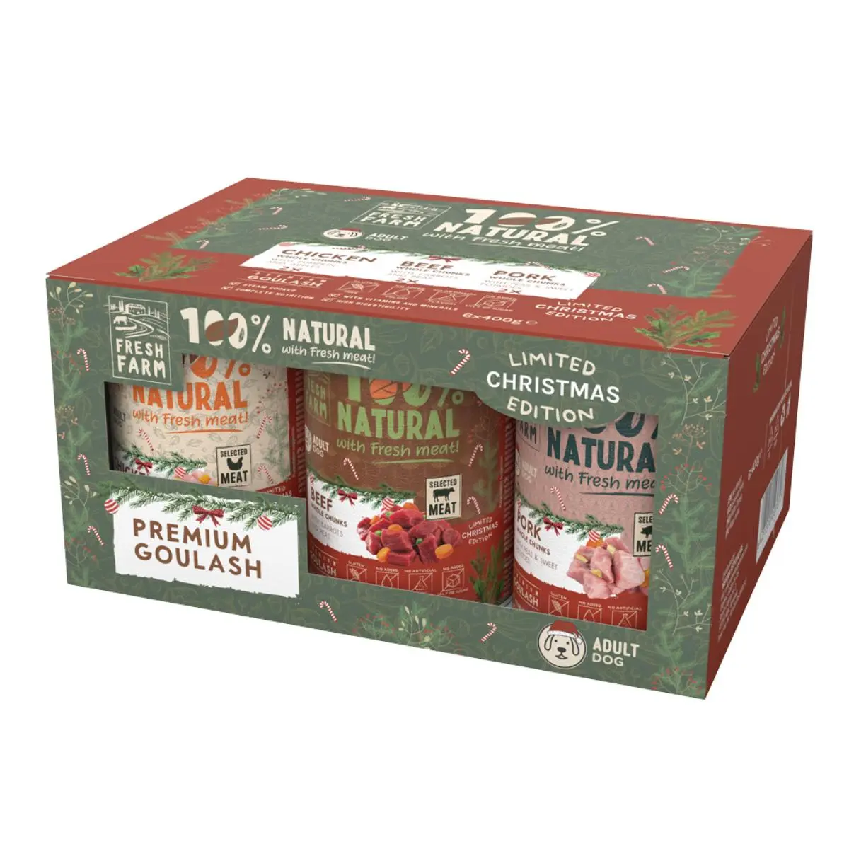FRESH FARM Christmas Edition Goulash Mix, XS-XL, conserva hrana umeda fara cereale caini, (in supa), multipack, 400g x 6buc
