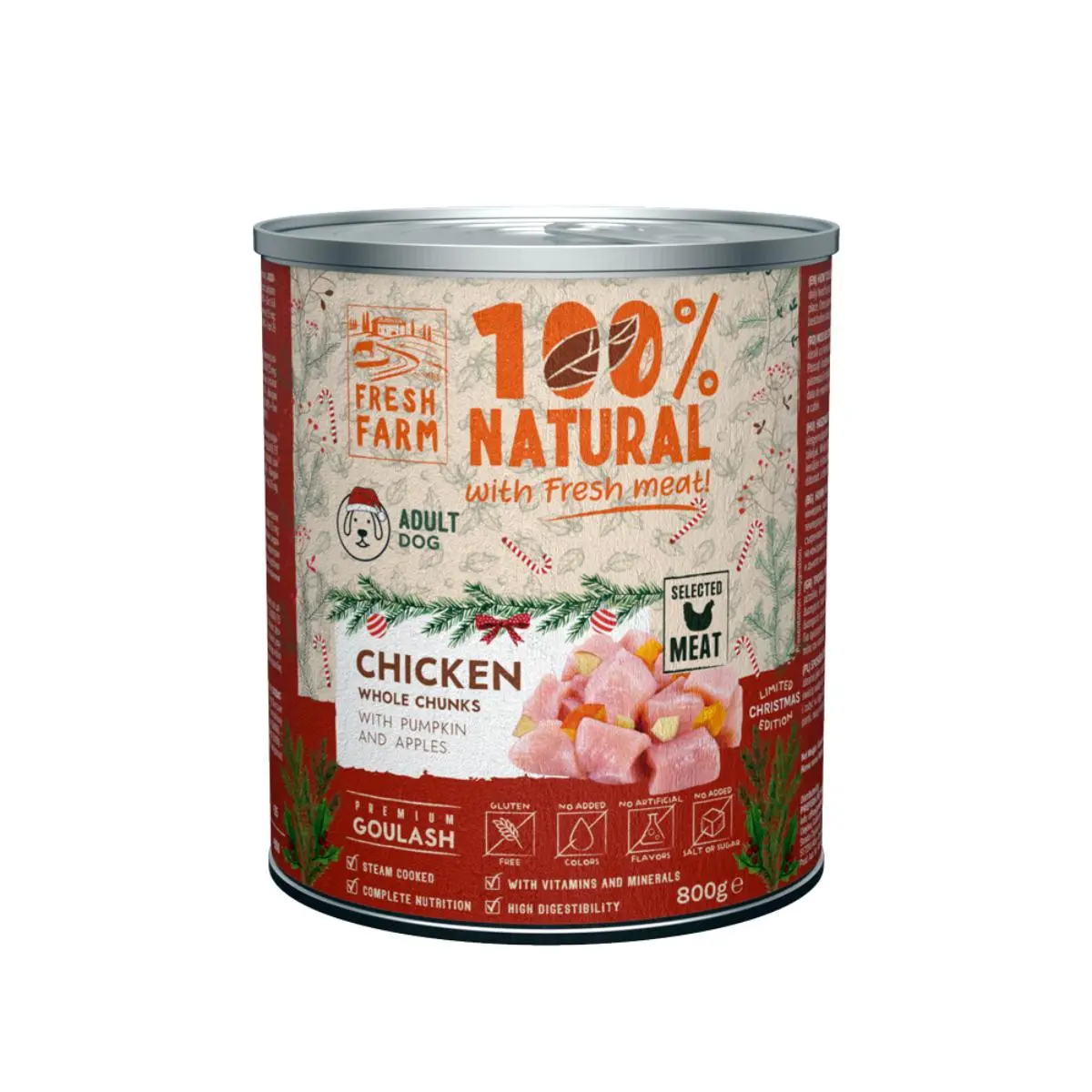 FRESH FARM Christmas Edition Goulash, XS-XL, Pui, conserva hrana umeda fara cereale caini, (in supa), 800g