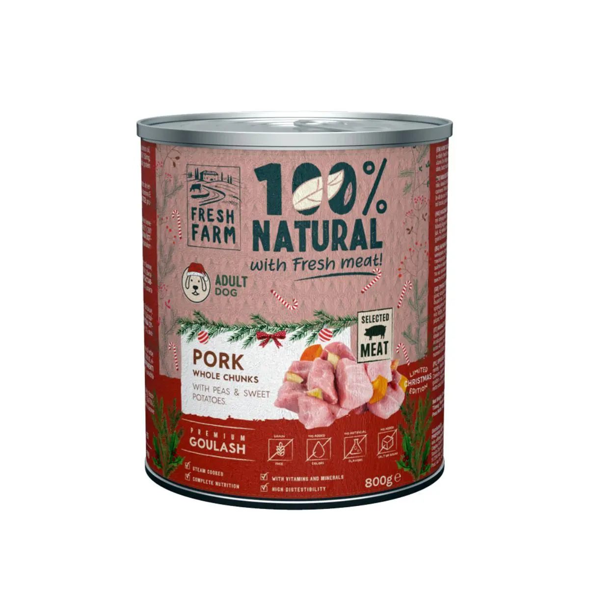 FRESH FARM Christmas Edition Goulash, XS-XL, Porc, conserva hrana umeda fara cereale caini, (in supa), 800g