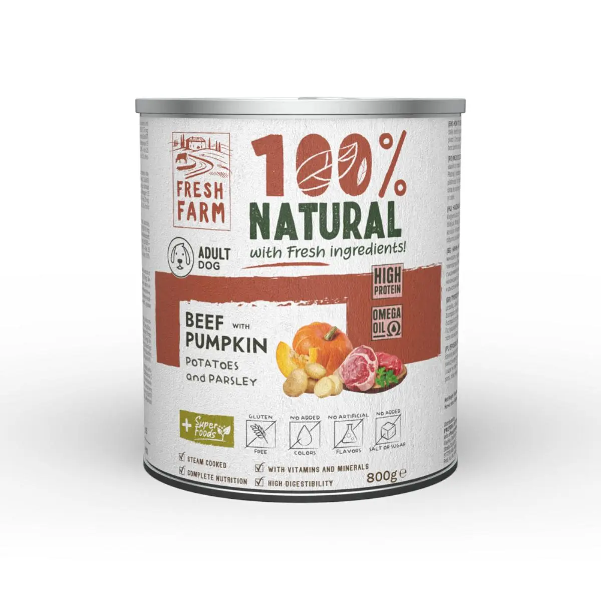 FRESH FARM Coarse, XS-XL, Vita si dovleac, conserva hrana umeda fara cereale caini, (pate), 800g