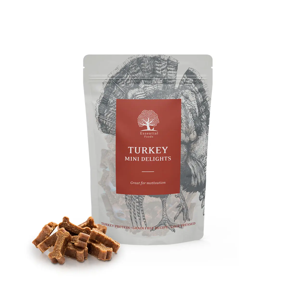 ESSENTIAL Mini Delights, XS-S, Curcan, punguta recompense fara cereale caini, 100g