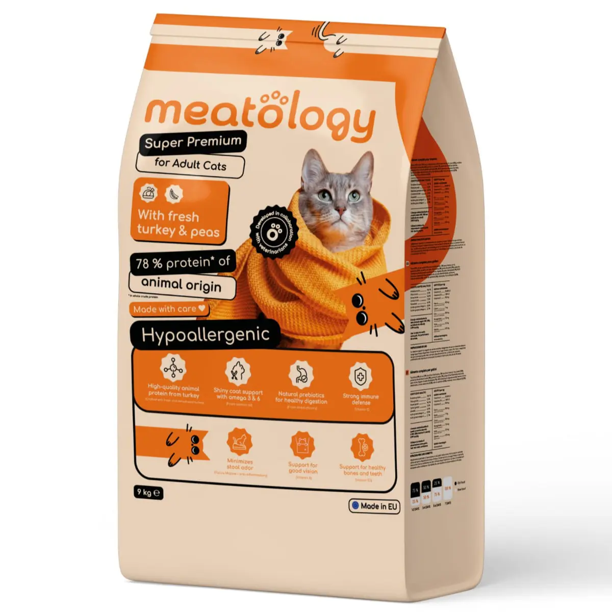 MEATOLOGY Adult Cats, Curcan si Mazare, hrana uscata pisici, 9kg
