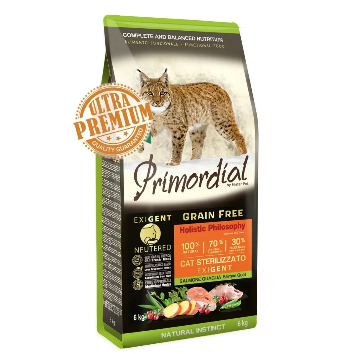 PRIMORDIAL Holistic Neutered Exigent, Somon si Prepelita, hrana uscata fara cereale pisici sterilizate, apetit capricios, 6kg