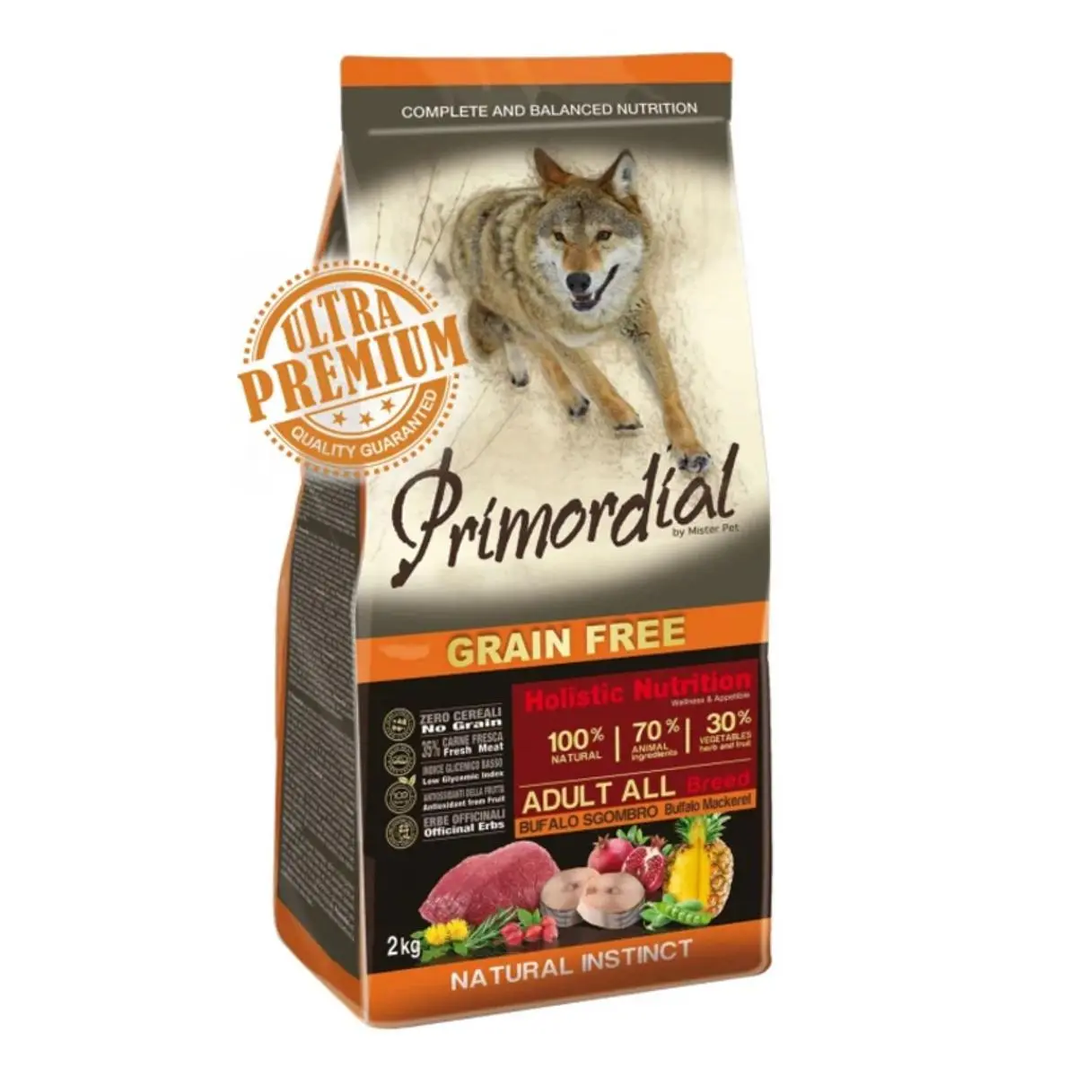 PRIMORDIAL Holistic, XS-XL, Bizon si Macrou, hrana uscata fara cereale caini, 2kg