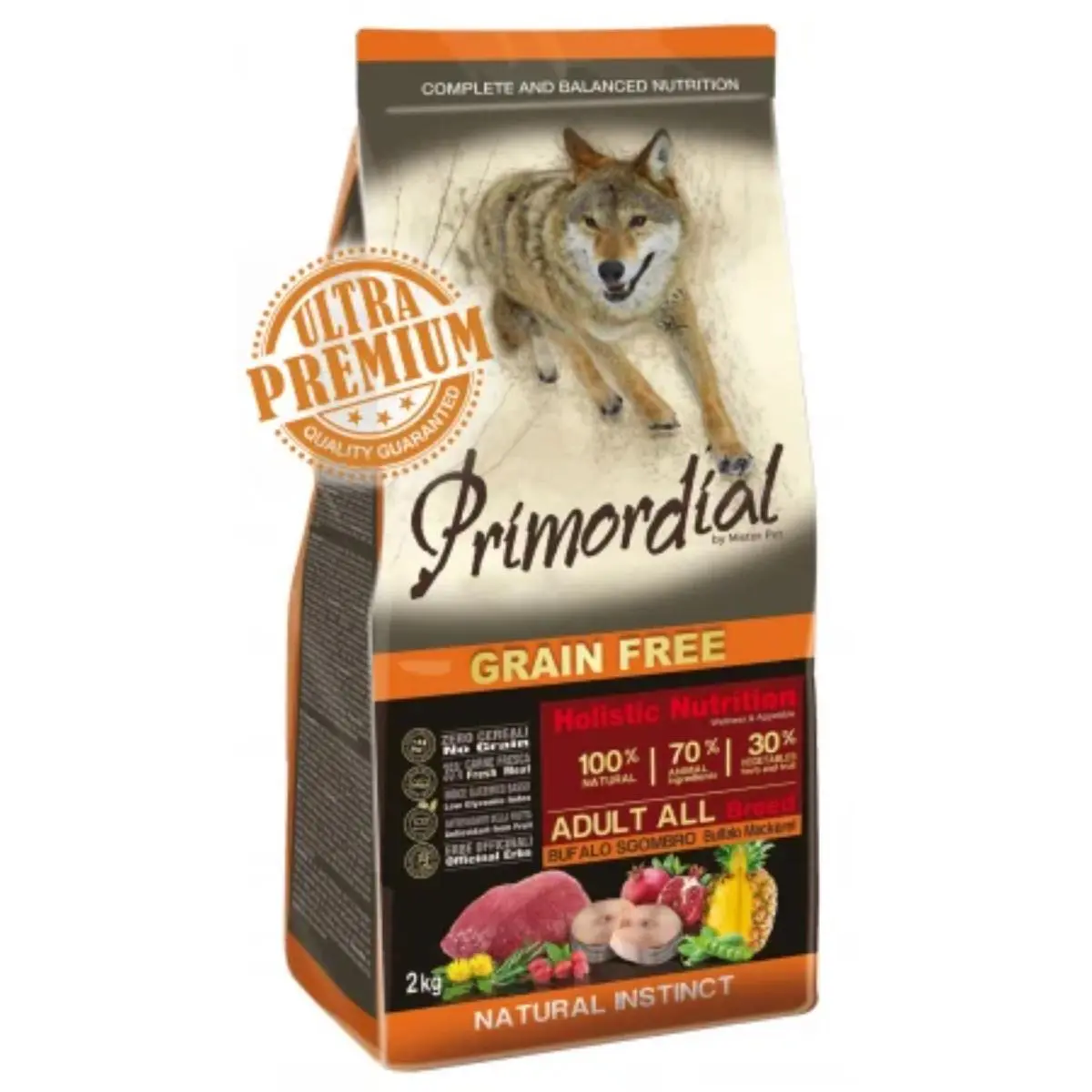 PRIMORDIAL Holistic, XS-XL, Bizon si Macrou, hrana uscata fara cereale caini, 12kg