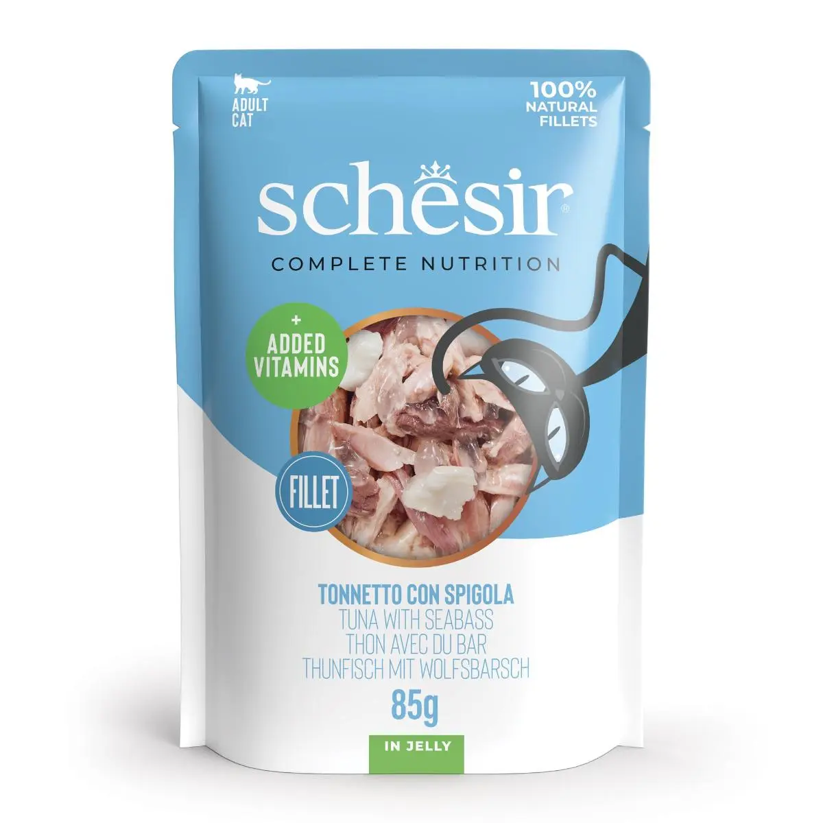 SCHESIR Complete Nutrition, Ton si Biban, plic hrana umeda pisici, (in aspic), 85g