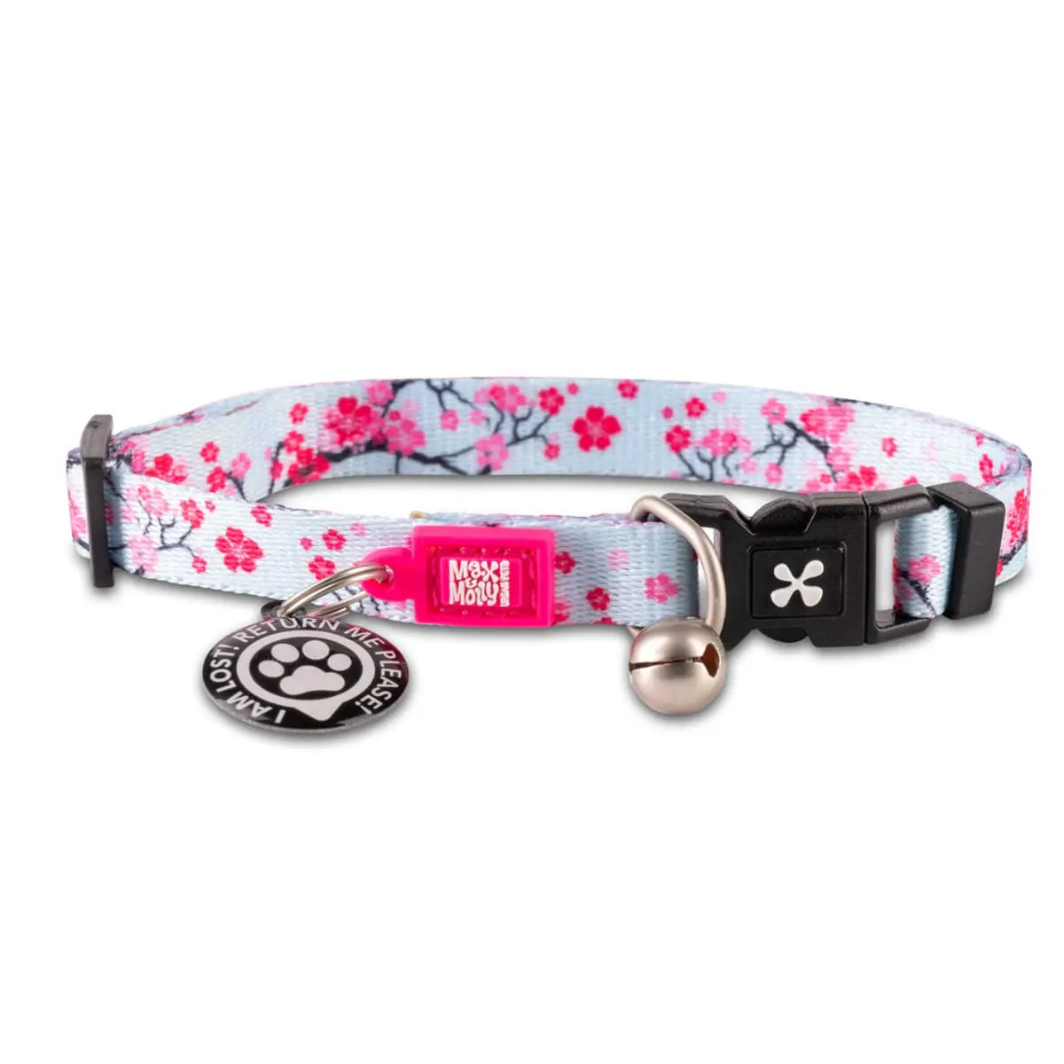 MAX & MOLLY Smart ID Cherry Bloom, zgarda pisici, ajustabila, poliester, bleu si roz, catarama trident, 22-35  x 1cm
