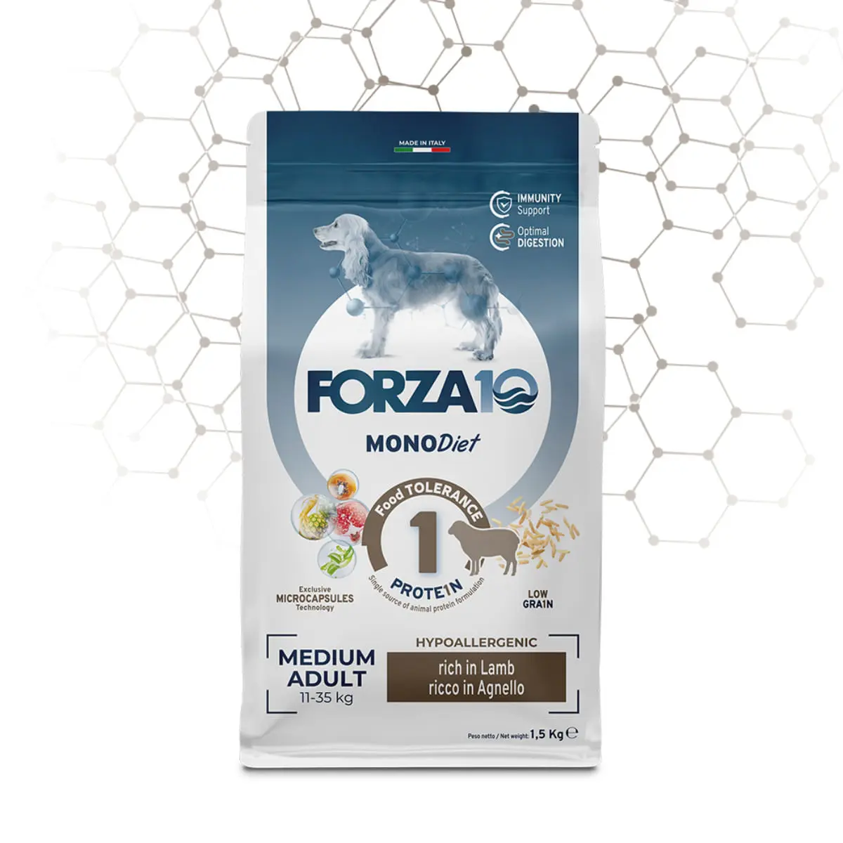 FORZA10 Monodiet Medium Adult, M, Miel, dieta veterinara, hrana uscata monoproteica caini, alergii, 12kg
