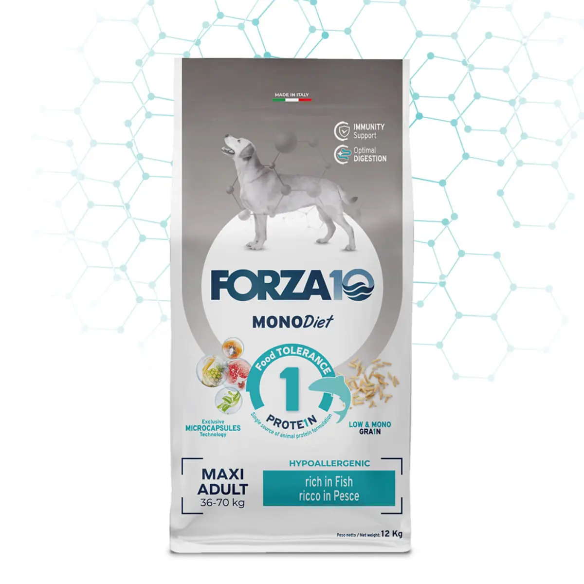 FORZA10 Monodiet Maxi Adult, L-XL, Peste, dieta veterinara, hrana uscata monoproteica caini, alergii, 12kg