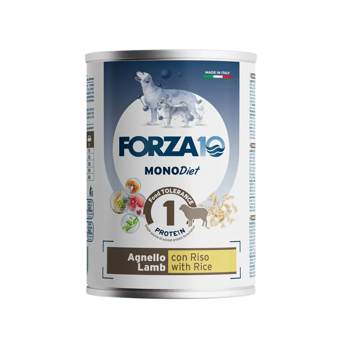 FORZA10 Monodiet, XS-XL, Miel si Orez, dieta veterinara, conserva hrana umeda monoproteica caini, alergii, (pate), 400g