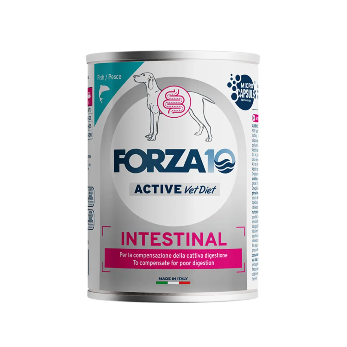 FORZA10 Active VetDiet Intestinal, XS-XL, Peste, dieta veterinara, conserva hrana umeda caini, sistem digestiv, (pate), 390g