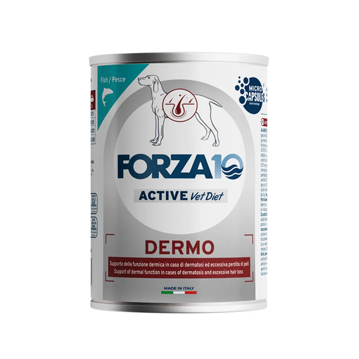 FORZA10 Active VetDiet Dermo, XS-XL, Peste, dieta veterinara, conserva hrana umeda monoproteica fara cereale caini, piele & blana, (pate), 390g - Image 2