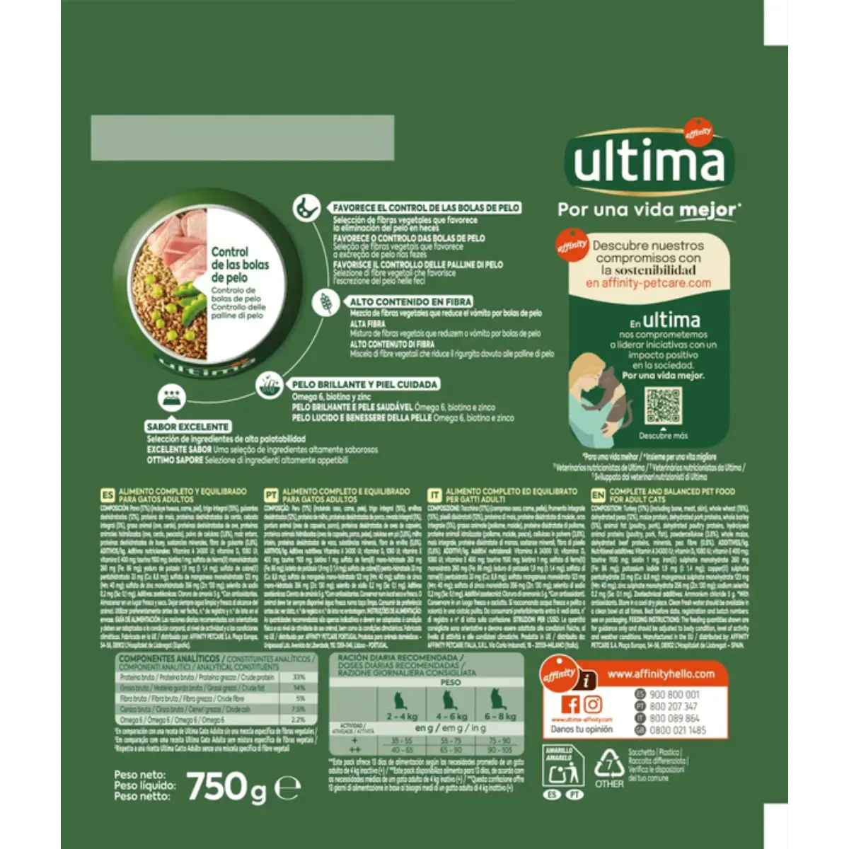 ULTIMA Hairball, Curcan, hrana uscata pisici, limitarea ghemurilor de blana, 750g - Image 3