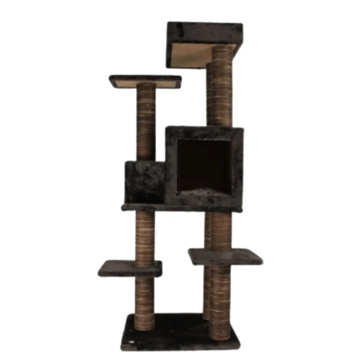 SHAW Zurih, ansamblu de joaca pisici, 7 etaje, 1 casuta, MDF si plus, elemente de zgariat, elemente atarnate, maro, 55x80x150cm - Image 2