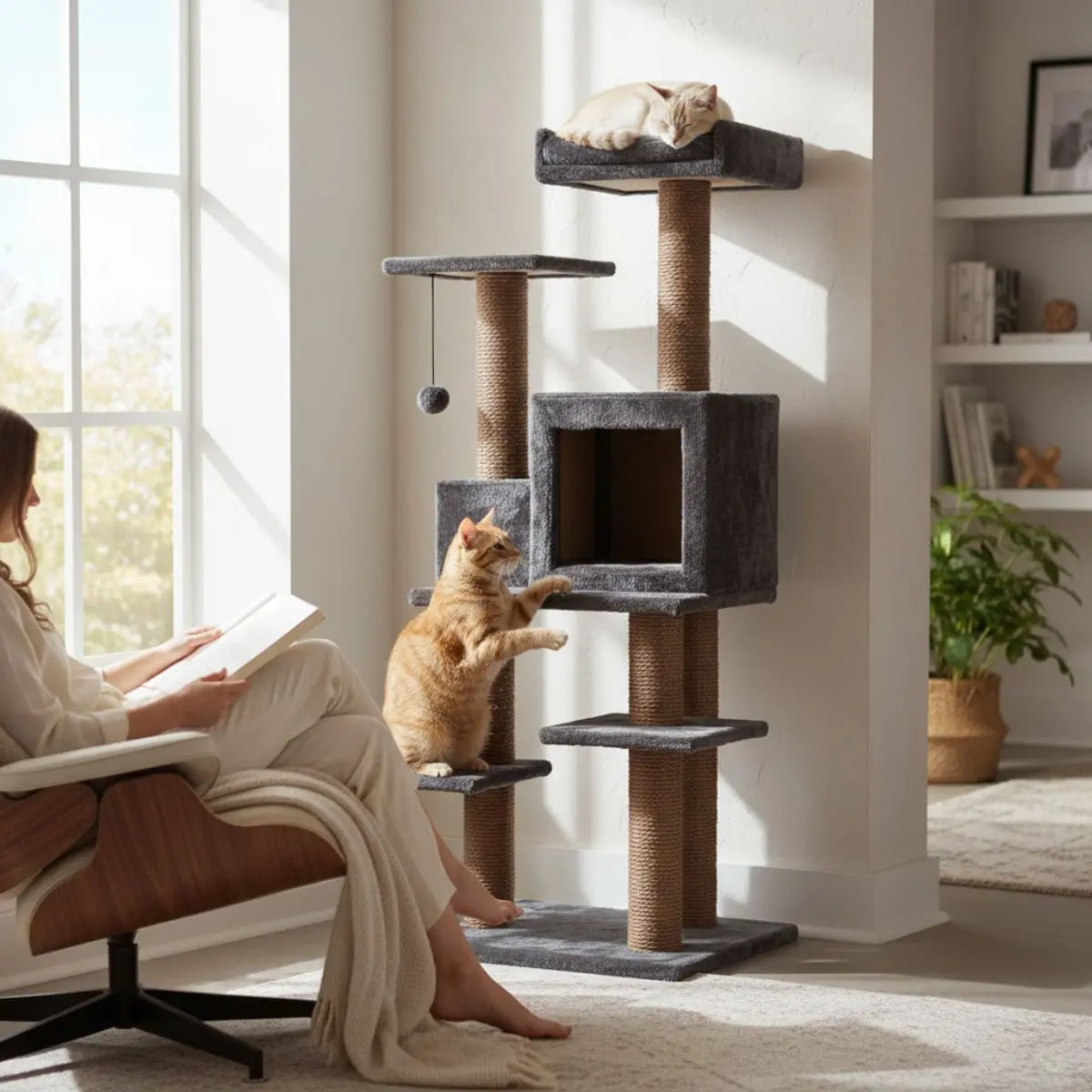 SHAW Zurih, ansamblu de joaca pisici, 7 etaje, 1 casuta, MDF si plus, elemente de zgariat, elemente atarnate, maro, 55x80x150cm - Image 3