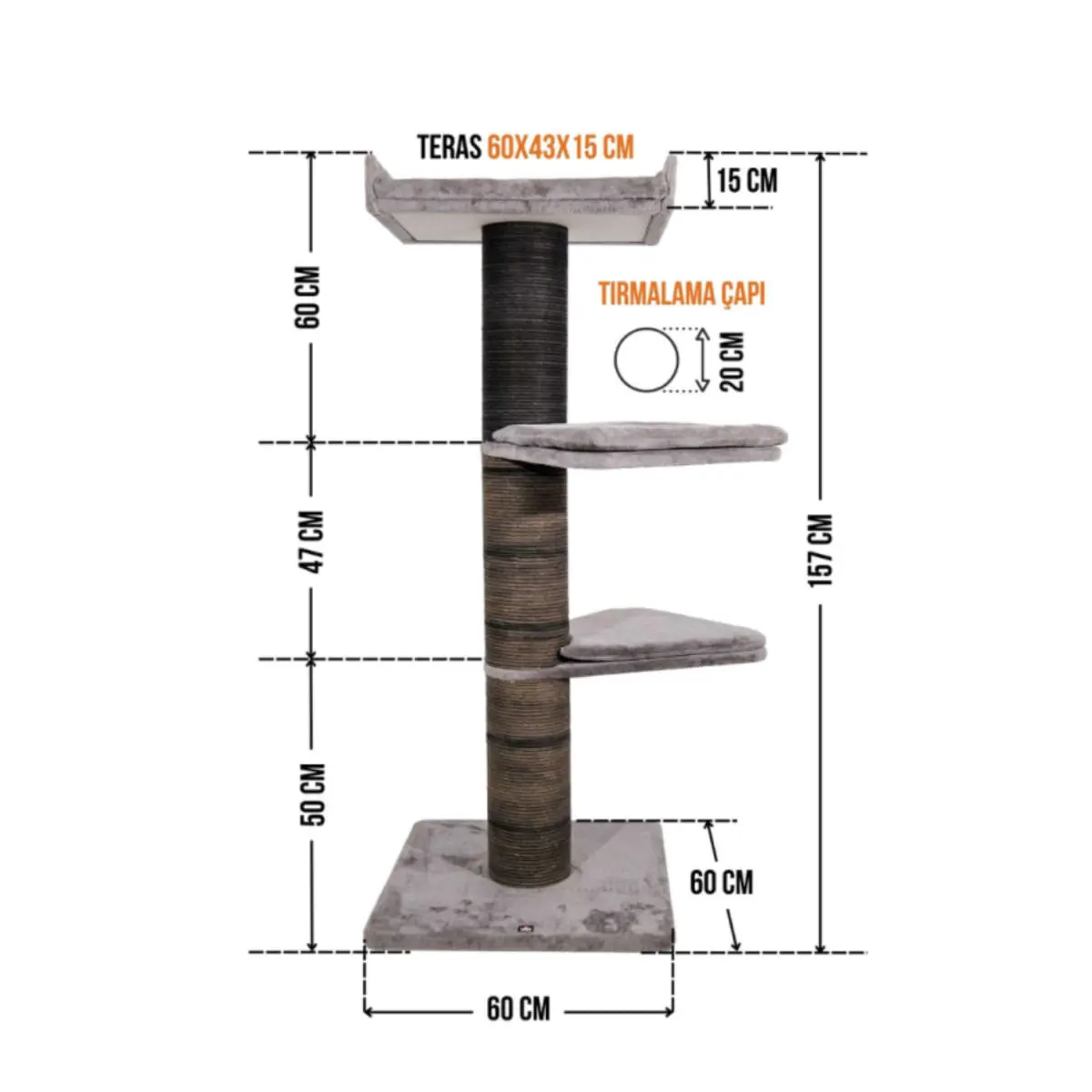 SHAW Paris, ansamblu de joaca pisici, 3 etaje, MDF si plus, elemente de zgariat, gri, 90x90x159cm - Image 3