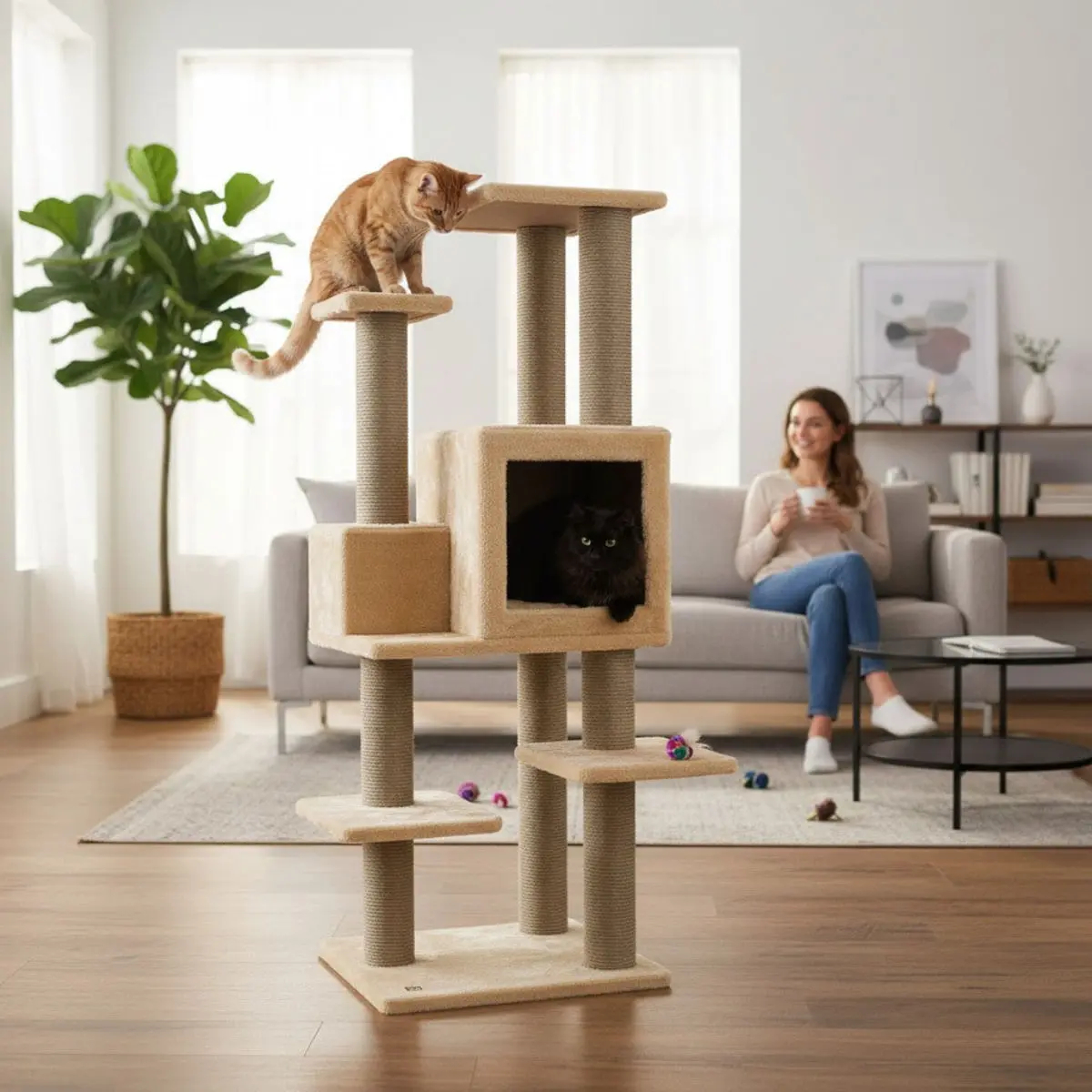 SHAW Zurih, ansamblu de joaca pisici, 7 etaje, 1 casuta, MDF si plus, elemente de zgariat, bej, 55x80x150cm - Image 3